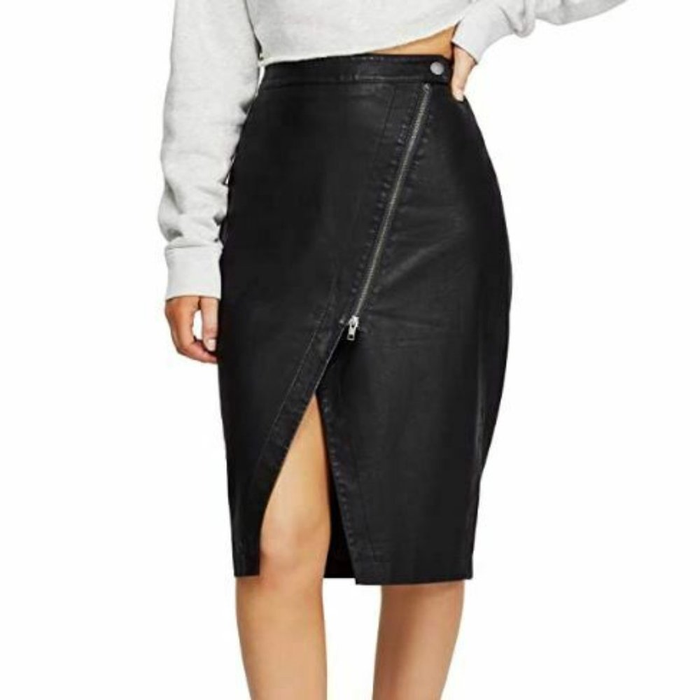 Free People Black Faux Leather Midi Skirt with Asymmetrical Zip